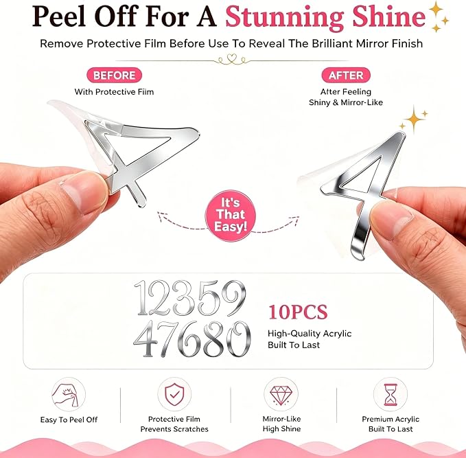 Acrylic Number Cake Topper Silver DIY Mirrored Cake Topper 0-9 Number Set Suitable for Wedding, Birthday, Party Decoration