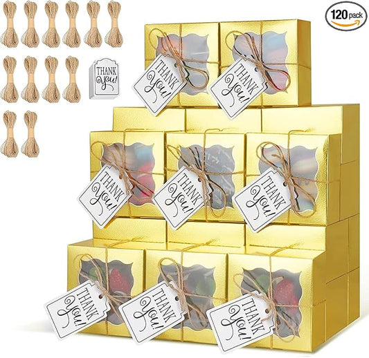 KPOSIYA 120 Pcs Gold Bakery Boxes with Window - 4x4x2.5 Inch Individual Cupcake & Cookie Boxes - Kraft Paper Gold Gift Box for Pastries, Cookies, Pie, Donuts, Macaroon