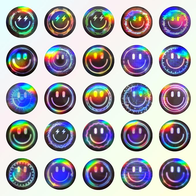 50PCS Smiling Neon Holographic Stickers, Cute Water Bottle Stickers for Kids, for Teaching Rewards, Notebooks, Stationery, Luggage, Cartoon PVC Happy Neon Stickers