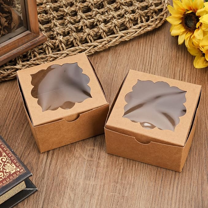 NPLUX 50pcs Cookie Boxes with Window Bakery Boxes Small Treat Boxes Mini Pie Boxes Pastry Boxes 4x4x2.5in, Graduation Gifts Party Favors(Brown)