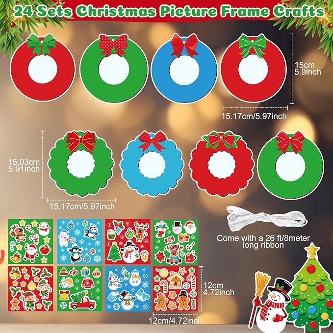 Dianelhall 24 Sets Christmas Picture Frame Craft Kit Xmas Wreath Photo Crafts Christmas Picture Frames Gift with Santa Stickers for Classroom Xmas Holiday Party Activities(Colorful Wreath)