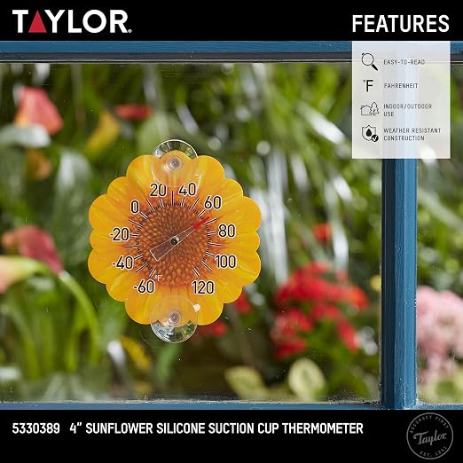 Taylor Sunflower Dial Thermometer, 4-Inch Indoor Outdoor Silicone Suction Cup Thermometer, Weather-Resistant Temperature Gauge for Patio, Pool, Garden, or Garage, Yellow