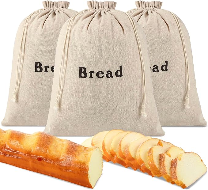 Woanger 3 Pieces Linen Bread Bags Burlap Reusable Drawstring Bread Bags 12 x 15 Inch Unbleached Loaves Pastries Pouch Handmade Food Storage for Bakery Picnic Wedding Wrapping Camping Supplies