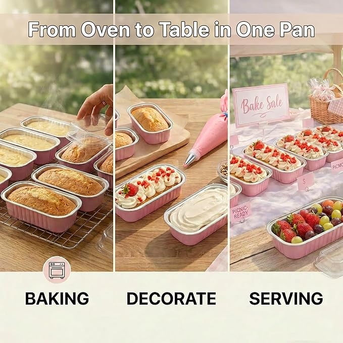 YQER 25 Pack Mini Cake Pans with Lids and Spoons, 6.8 oz Pink Disposable Aluminum Foil Mini Loaf Pans with Stickers, Individual Small Dessert Cake Tins Containers for Small Batch Baking, Parties Treat