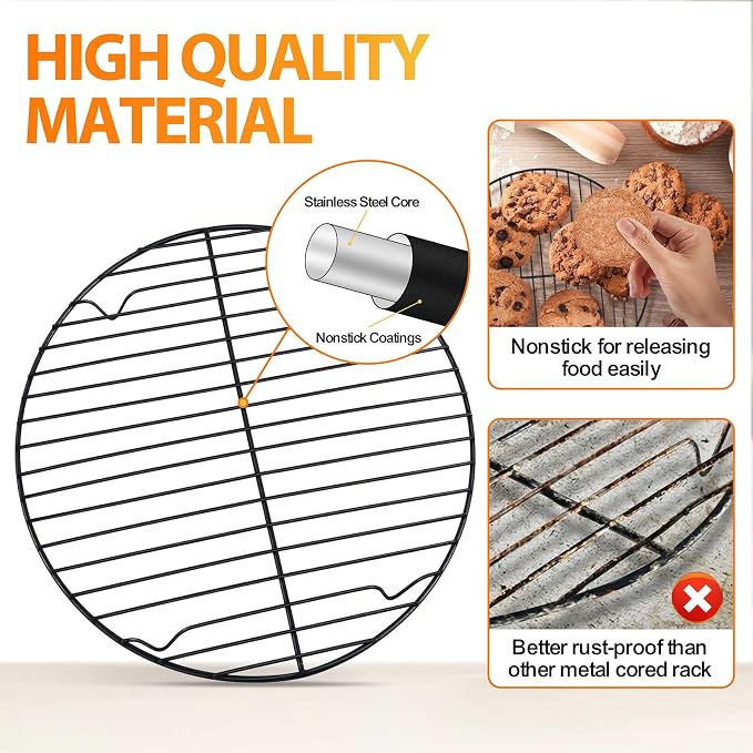 P&P CHEF 10½ Inch Cooking Rack Round, Stainless Steel Round Rack for Cooking Cooling Steaming Baking, Fit Air Fryer Pot Pressure Cooker, 2 Pack -Oven Safe, Black