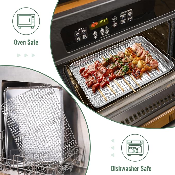 Homikit Jelly Roll Pan with Cooling Rack Set (2 Pans+2 Racks), 16" x 12" Stainless Steel Baking Sheet Tray with Wire Grid Rack, Cookie Bacon Pan for Oven Cook Roast, Rust Proof & Nonstick