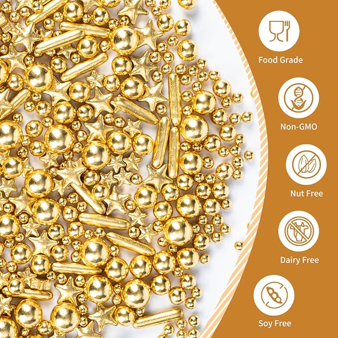 Edible Gold Pearl Star Rod Sprinkles 130g,Luxury Metallic Gold Confetti for Cake Decorating,for Wedding Christmas New Year Anniversary Bridal Shower Birthday Party Dessert Toppings