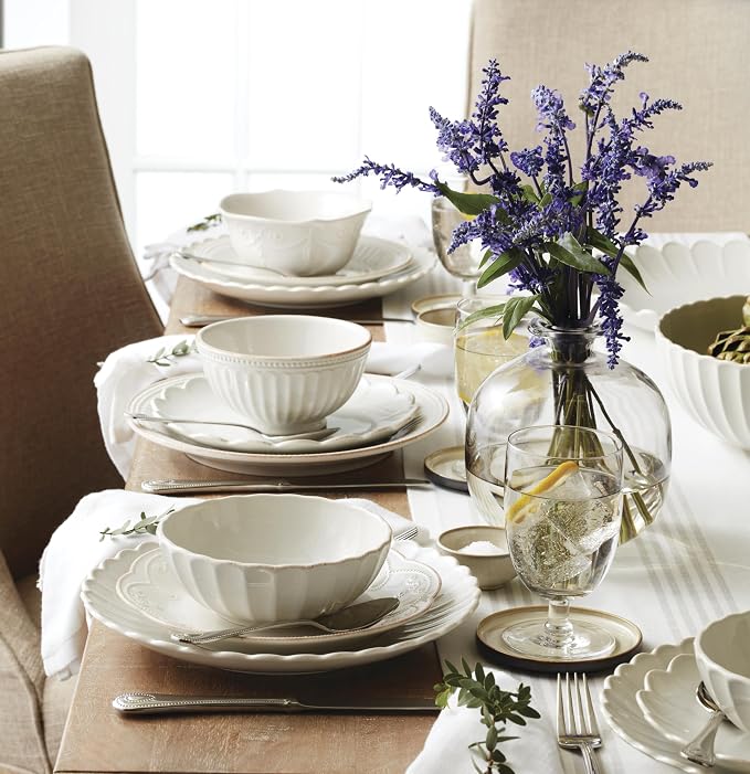 Lenox Dinnerware Sets, French Perle Scallop White 24-Piece Dinnerware Set, Service For 8, Stoneware Material, Dishwasher Safe, Microwave Safe, Bowls, Plates And Bowls, Dinner Dishes (White, 24 Piece)