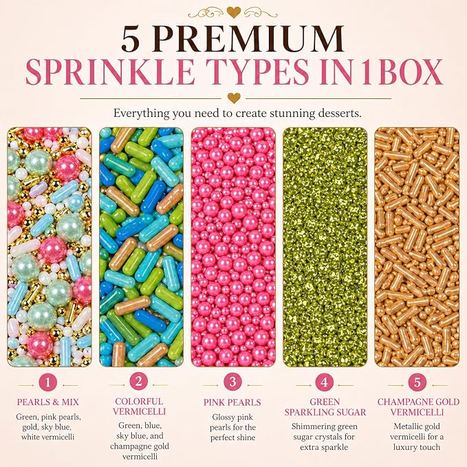 Confect Sprinkles – 5 Pack Assorted Cake Decorating Mix (Hot Pink & Ivory Pearl Dragees, Champagne Gold & Blue Jimmies, Green Sparkling Sugar) – Festive Edible Toppings for Cakes, Cupcakes, Cookies – Vegan, Gluten-Free, Nut-Free, Soy-Free, Dairy-Free, ...