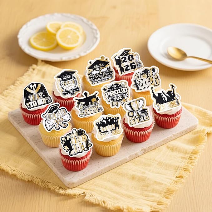 60 PCS Edible 2026 Graduation Cupcake Toppers Diploma Congrats Grad Cap Cupcake Picks Edible Done You Did it Cake Decorations for Class of 2026 Graduation Theme Party Decorations Supplies Black Gold