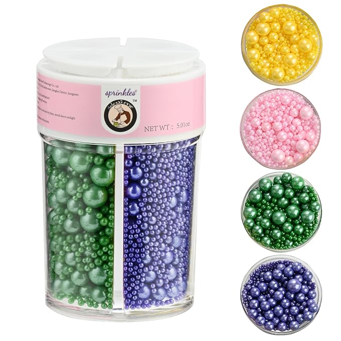 Homankit Edible Pearl Sprinkles for Baking, Purple Yellow Green and Pink Sugar Pearls Cake Decorations for Cupcake Toppers Cookie Decorating Birthday Party Wedding Mardi Gras Christmas Supplies