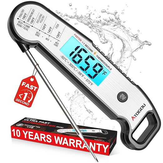 Atogou Professional Meat Thermometer Digital, Silver | <1 Sec Instant Read & ±0.5℉ Accuracy, IP67 Waterproof, Thermocouple Sensor Probe, for Kithchen, BBQ, Grill for Men Him Dad