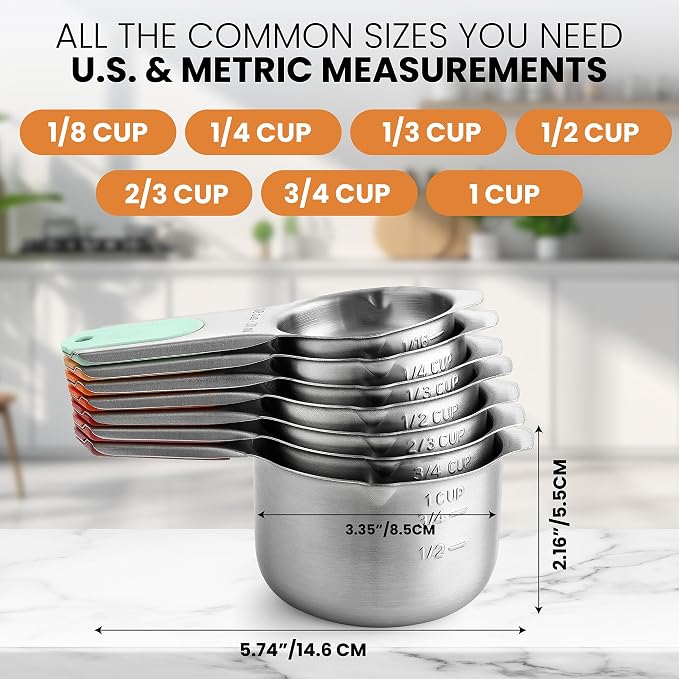 Spring Chef Stainless Steel Magnetic Measuring Cups, Set of 7 & Heavy Duty Magnetic Measuring Spoons, Set of 8 with Leveler - 2 Product Bundle - Desert Sunset