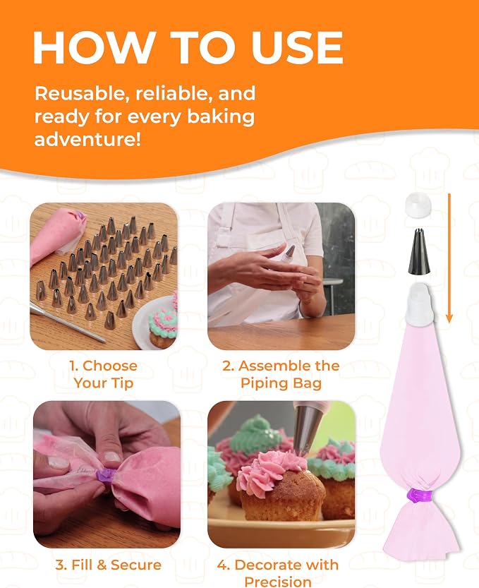 KneadEat 53PC Piping Icing Tips set - 48 SS Tips, 5.5" Injector for Churros and Sufganiot, Rubber Band, Coupler, Cleaning Brush. Decorating Tools. Reusable Icing Bag for Decoration.