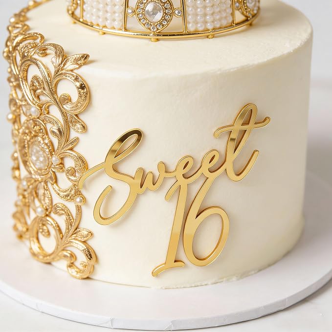 Sweet 16 Cake Topper, Gold Acrylic Finally 16 Cheers to 16 Years Cake Decoratio,16th Birthday Party Decoration,Sweet Sixteen Theme Party Decorations for Birthday Anniversary Wedding Party Cake Decor