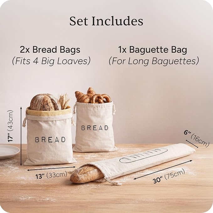 Leafico Bread Bag Set – 2 Cotton Loaf Bags + 1 Baguette Bag with Beeswax Liner – Reusable Storage for Sourdough, Crusty Bread, Artisan Loaves – Washable, Freezer Safe, Eco Alternative