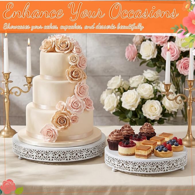 Wenqik 2 Pack Cake Stand Set, 14/16 Inch Metal Round Cupcake Dessert Stand Decorative Elegant Cake Display for Weddings Party Birthday Baby Showers Anniversary(Floral Lace,White)