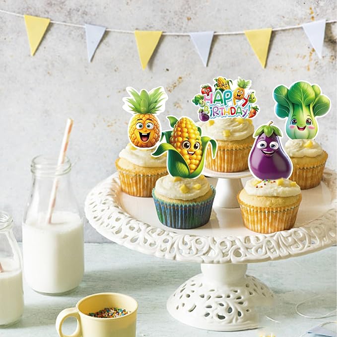 48Pcs Edible Fruit Birthday Cupcake toppers Wafer Paper Dancing Fruit Birthday Decorations for Baby Shower Wedding Party Decorations