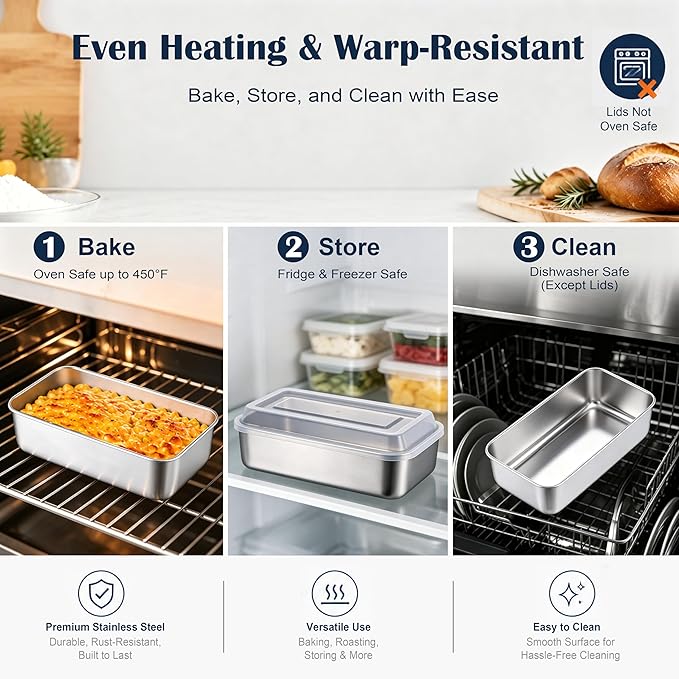 E-far Loaf Pan with Lids, 9 x 5 Inch Stainless Steel Bread Pans for Homemade Bread, Rectangle Baking Tins for Sourdough, Meatloaf, Banana Cake, Nontoxic & Dishwasher Safe - Set of 2