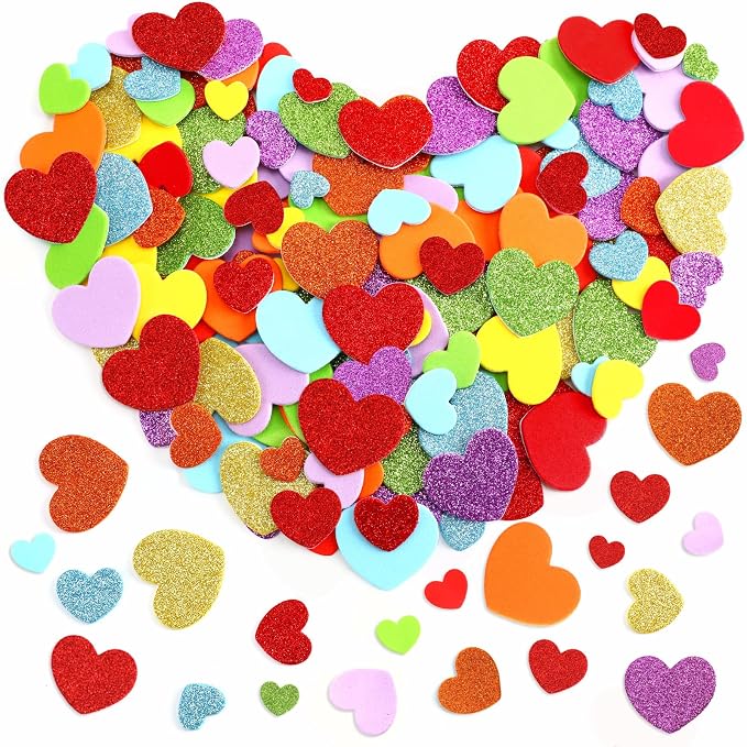 600Pcs Glitter Foam Heart Stickers Valentines Day Love Sticker | 3 Sizes, Self-Adhesive Heart Decal, Party Favors, Handmade Card DIY Crafts, Love-Themed Projects Decorations, Valentines Gift