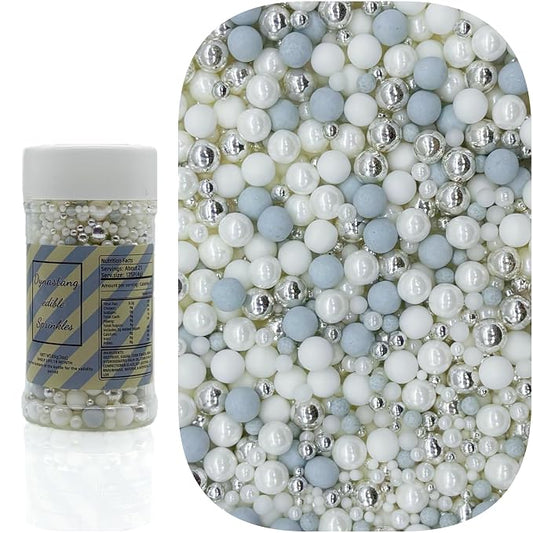 Dynastang Mixed Size Light Grey & Silver & White Pearls Sprinkles Edible Pearls Cake Decorations Cupcake Toppers Decorating Perfect for Cakes, Cupcakes, Desserts 3OZ