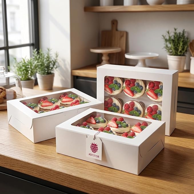 Jucoan 50 Pack White Paper Cupcake Box with Insert and Window Hold 6 Standard Cupcakes, Cupcake Carrier Container, Bakery Muffin Box for Pastry, Cookies, Birthday, Father's Day, Wedding Party