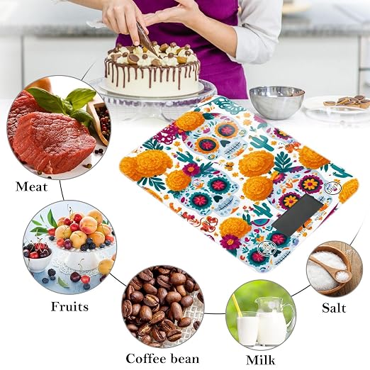 Food Scale Kitchen Digital Scale Food Ounces and Grams Dieting Baking Cooking Waterproof Glass Panels LCD Display,4 Units Scale Tare Function Skull Mexican Halloween White