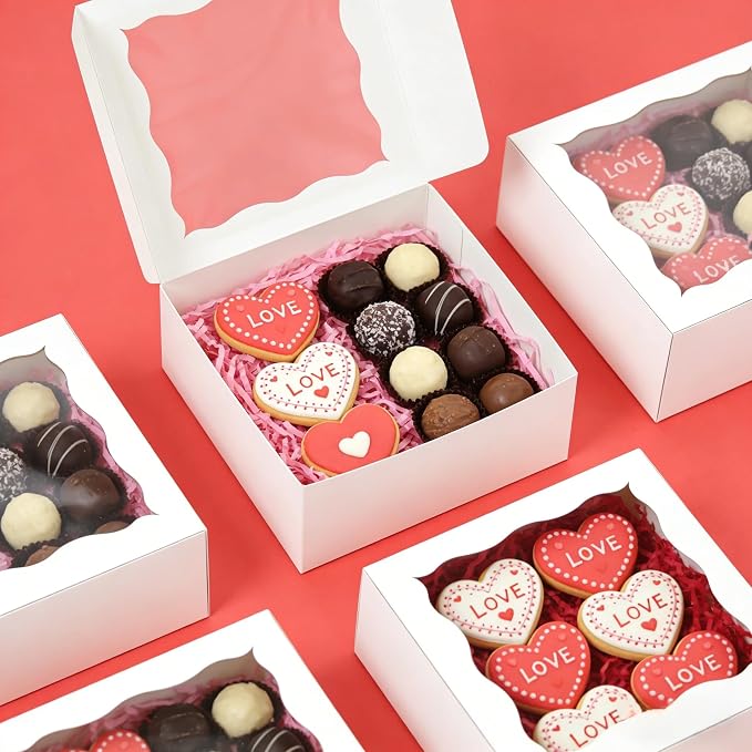 50pcs Cookie Boxes 6x6x2.5 Inch Bakery Boxes with window Chocolate Covered Strawberries Box Treat Box for Mini Cake Macaroon Dessert Pastry Muffins
