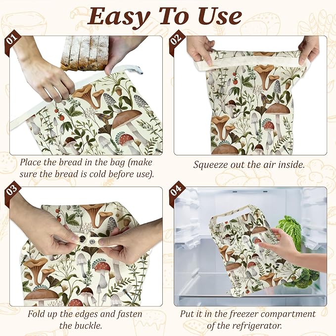 Beeswax Bread Bags, 2 Pack for Homemade Bread and Sourdough Storage | Mushroom Forest Dragonfly Berry, Reusable Polyester Bread Storage With Beeswax Coating And Snap Closures