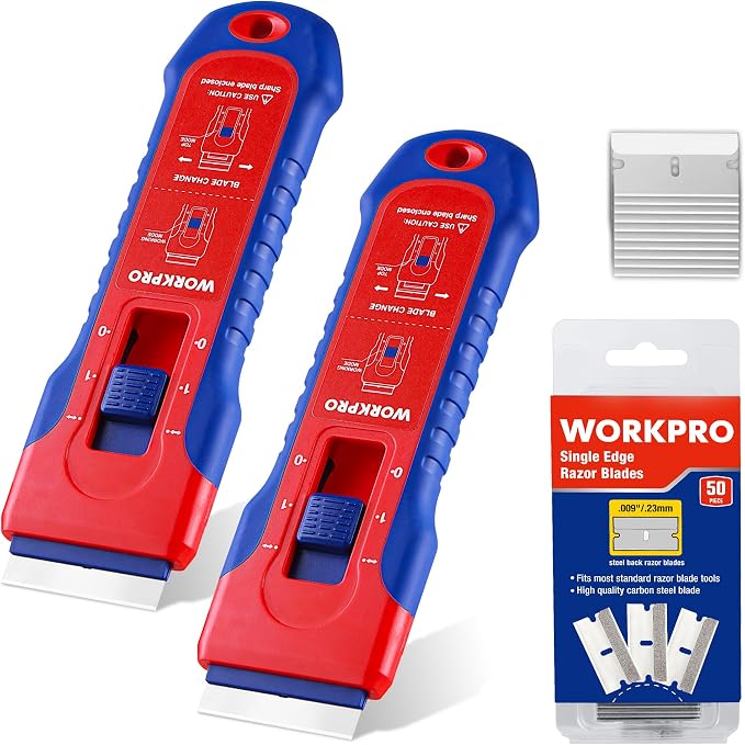 WORKPRO 2-Pack Retractable Razor Blade Scraper with 62 Blades, Built-in Storage Cleaning Scraper Tool for Paint Stickers Adhesive Glass Ceramic Wood