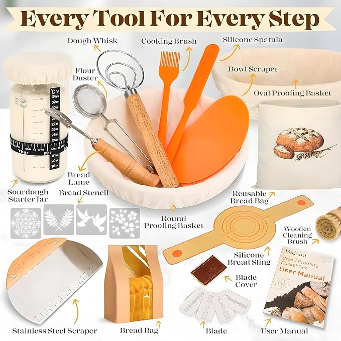 Complete Sourdough Starter Kit with Banneton Bread Proofing Baskets | 26-Piece Set with Starter Jar, Lame, Dough Whisk, Scraper & Sling - Sourdough Baking Supplies Gift for Beginners