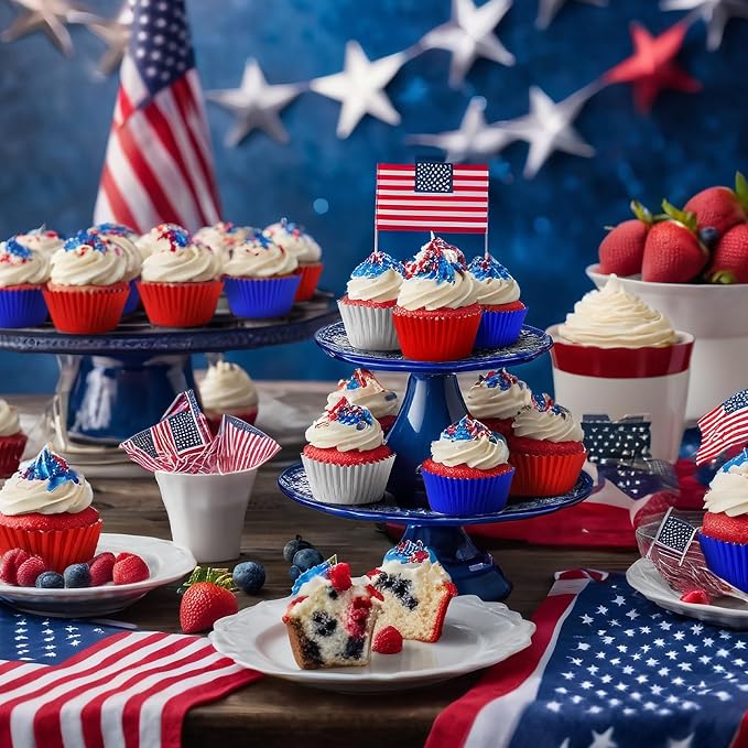 SANNIX 450Pcs 4th of July Foil Cupcake Liners Red Blue Silver Cupcake Liners Baking Cups for Patriotic Independence Day Holiday Birthday Veterans Party Cake Candy Chocolate Decorations