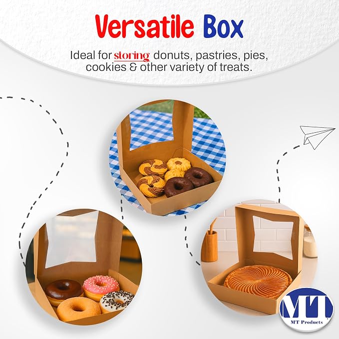 MT Products Kraft Cookie Boxes 8" x 8" x 2.5" - Auto Pop-Up Bakery Boxes with Window (Pack of 25) - Made in the USA