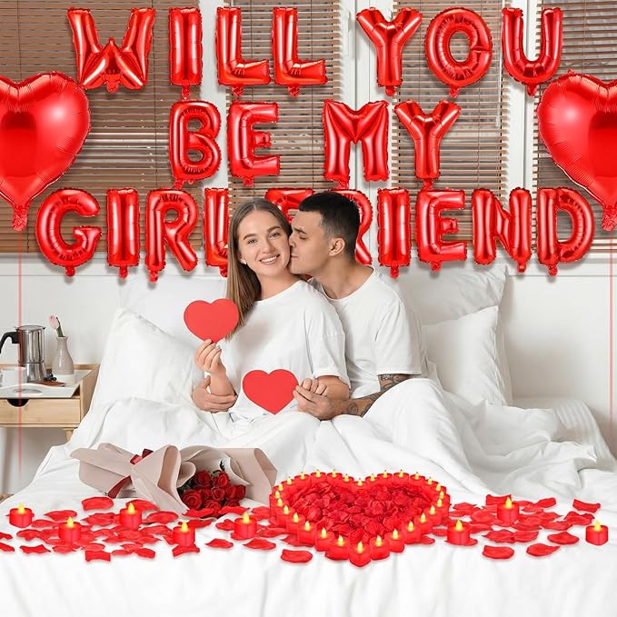 Will You Be My Girlfriend Balloon Proposal Decor 24 LED Flameless Tealight Heart Candle 2000 Artificial Rose Petals Love Balloon for Engagement Wedding Decor Romantic Special Night(Red)