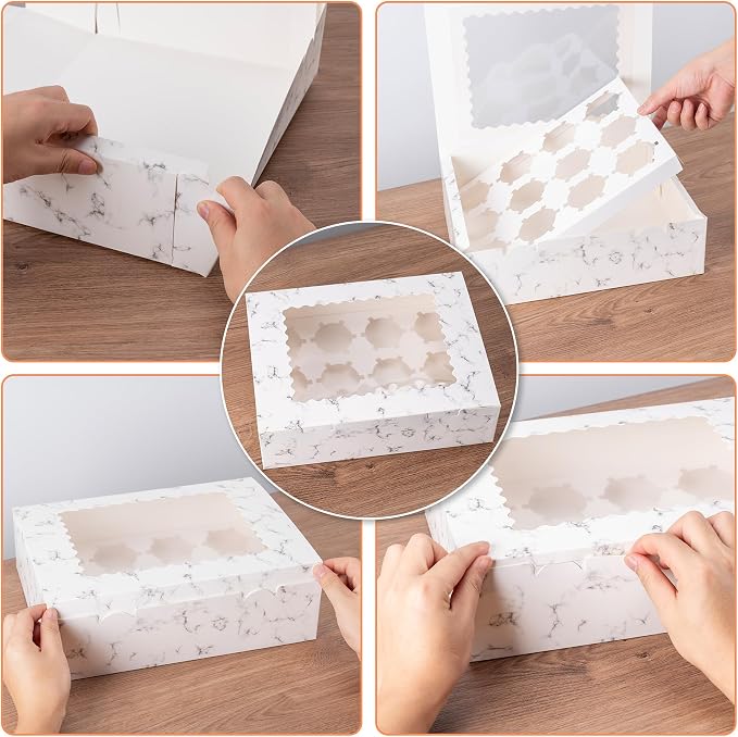 Hoewina 12PCS Cupcake Boxes - Hold 12 Count Cupcake Containers with Window, Food Grade Cupcake Holder Easy Transport and Presentation - Ideal for Cupcakes, Desserts, and More (Marble pattern)