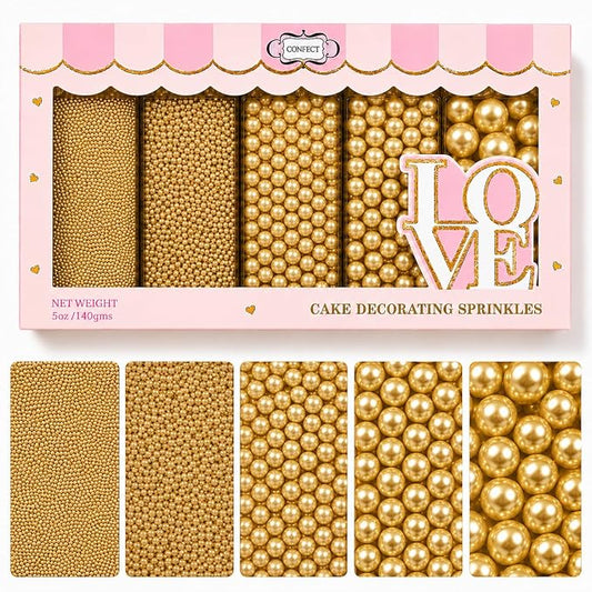 Confect Pearl Sprinkles | Gold Sprinkles for Christmas Cakes & Cupcakes Decoration | Assorted pack of 5 | Sparkling Champange Disco Ball Sprinkle | Mix Gold Pearl Dragees | Vegan, Gluten-Free, Nut-Free, Soy-Free, Dairy-Free, Palm Oil-Free, No Artificia...