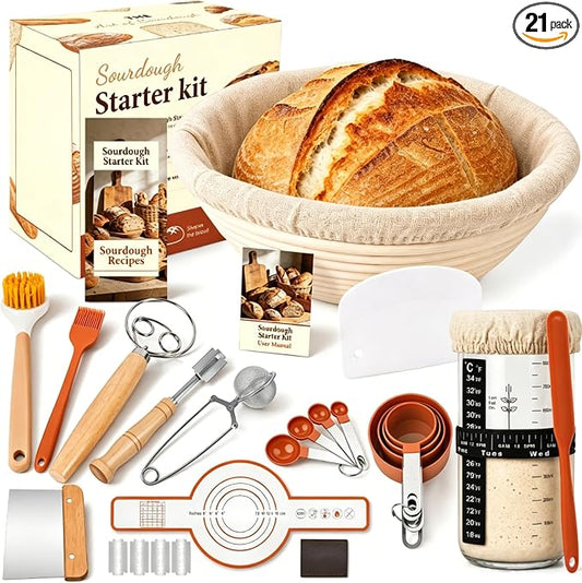 Sourdough Starter Kit, Sourdough Bread Baking Supplies, Banneton Bread Proofing Basket with Starter Jar, Dough Whisk, Scrapers, Recipe, Round Bread Proofing Basket, for Bread Baking