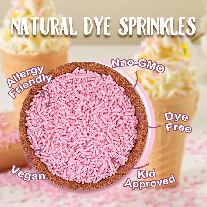 Dye Free Pink Jimmies Sprinkles 4.2 oz - Natural Pink Sprinkles for Cake Decorating, Cupcake Topper, Cookie & Ice Cream Baking Supplies - No Artificial Colors - Pink Jimmies for Birthdays Baby Shower