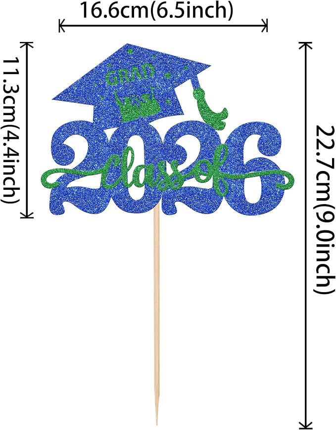 1 Pack Class of 2026 Cake Topper Glitter Congrats Grad Cap 2026 Graduation Cake Pick Decoration for 2026 Graduation Theme High School Graduate Party Cake Decorations Supplies Blue Green