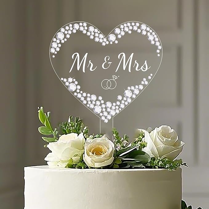 Coucoland Mr and Mrs Cake Topper - Heart Wedding Cake Decor with Sparkling Rhinestones for Engagement Bridal Anniversary