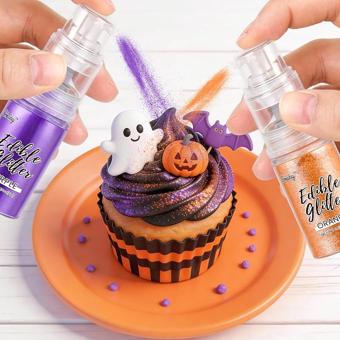 Halloween Edible Glitter Spray, Purple & Orange Edible Glitter for Cocktails, Cobakey Luster Dust Edible for Cake Decorating, Drinks, Baking, Chocolate, Strawberrie 5g/2 Bottles