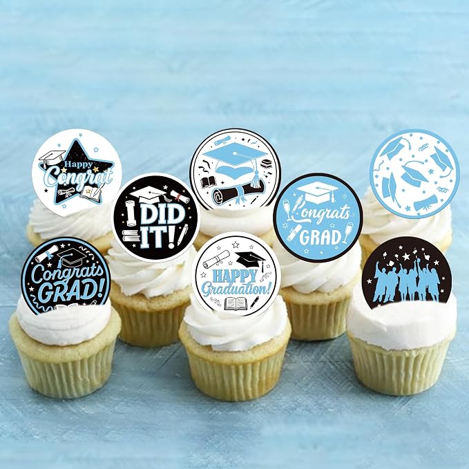 63 PCS Edible 2026 Graduation Cupcake Toppers Wafer Paper Class of 2026 Cake Decorations Edible Diploma Congrats Grad Cap Cupcake Picks for 2026 Colleage Graduation Theme Party Supplies Light Blue