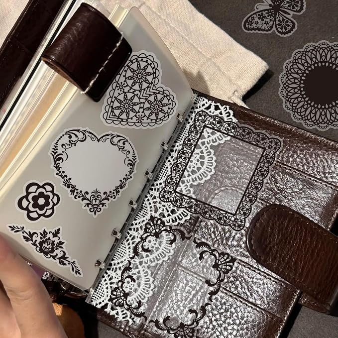 130 Pcs Vintage Black White Lace Scrapbook Stickers - Classic Butterfly Feather Heart Embellishments for DIY Journal Wedding Photo Album Craft Decor, Fade-Resistant Waterproof Reusable