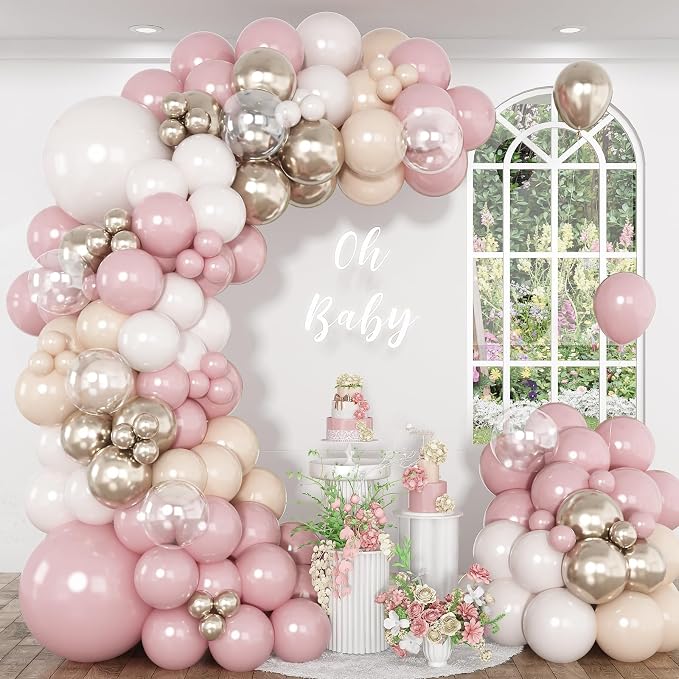 Dusty Pink Balloon Arch Kit, Boho Retro Blush Pink Champagne Gold White Latex Helium Party Balloons Garland for Girls Women Bridal Baby Shower Neutral Wedding Engagement Birthday Party Decorations