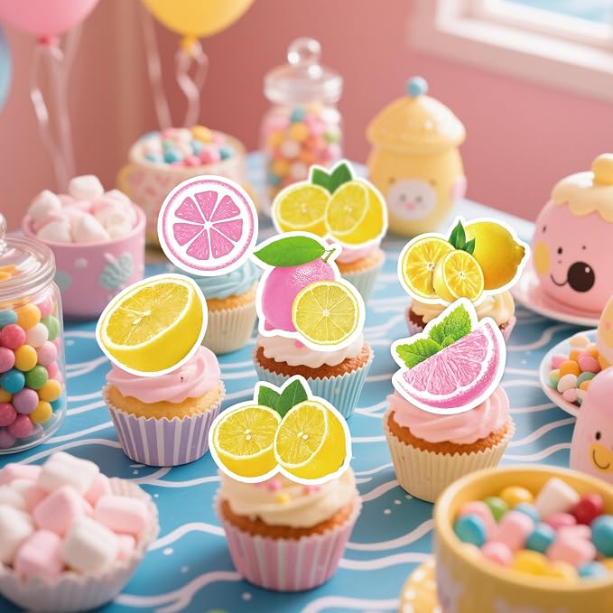 72Pcs Edible Lemon Cupcake Toppers Fruits Theme Party Decorations Lemonade Theme Cupcake Toppers for Summer Fruit Theme Theme Party Wedding Bridal Shower Supplies
