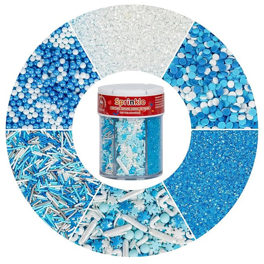 Edible Winter Sprinkles for Cake Decorating,6 Cell with Blue White Silver Gray Decorative Baking Toppings,Nonpareils Sprinkle,Pearls and Jimmies,Round Confetti,Snowflakes Candy Cane Rods,Sanding Sugar,Holiday Sprinkle for Cupcake Toppers,Cookie,Donut,B...