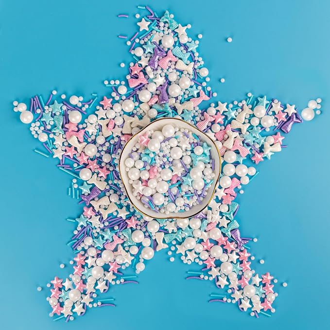 Twisweet Mermaid Sprinkles, Edible Pearl Stars Sprinkles for Cake Decorating, Mix Baking Candy, Ocean Theme Cake Topper Cupcake Cookie Ice Cream Decorations, Birthday Children's Summer Party Supplies (130g/4.58oz)