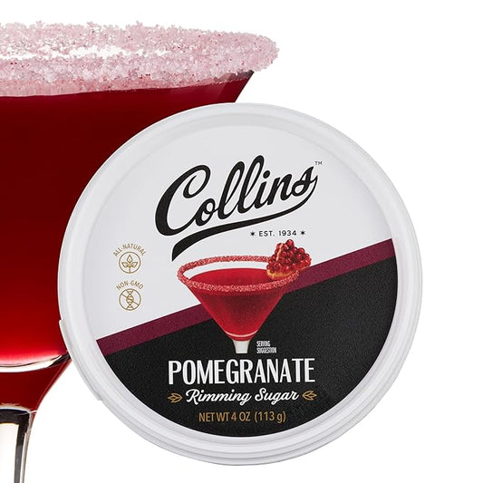 Collins Pomegranate Rimming Sugar, Bright & Tangy Cocktail Sugar Rim with Vibrant Ruby Hue, Grenadine Flavored Garnish for Martinis, Margaritas, Cosmos & Mocktails, 4 oz