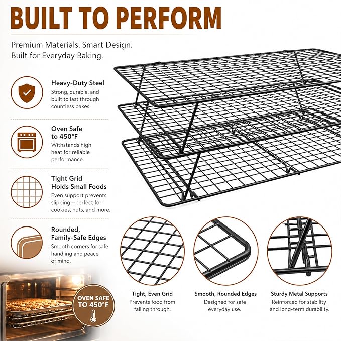 Cooling Rack, 3 Tier Stackable Cooling Racks for Cooking Baking Roasting, Multi-Level Collapsible Cookie Rack for Cakes, Oven Safe & Easy Clean (Black, 3-Tier-SL)
