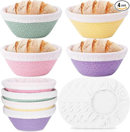 4 Pcs Round Banneton Bread Proofing Basket Set Cotton Rope Sourdough Bread Banneton Basket with Liners Covers for Baking Supplies(9 Inch)
